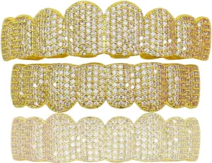 Diamond Grills for Your Teeth 14K Gold Plated Iced Out Mouth 8 Teeth Grillz Top Bottom Tooth Caps Hip Hop Bling Gold Silver Grill for Halloween Costume Cosplay Men Women Jewelry