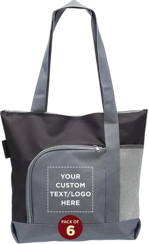 DISCOUNT PROMOS Custom Go Getter Sport Tote Beach Bags Set of 6, Personalized Bulk Pack - Reusable, Great for Shopping, Beach, Picnic, Other Outdoor Adventure - Black
