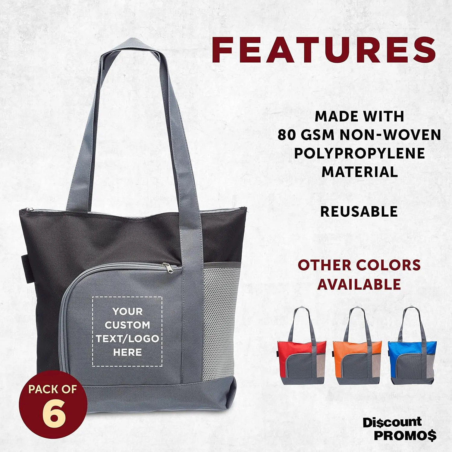DISCOUNT PROMOS Custom Go Getter Sport Tote Beach Bags Set of 6, Personalized Bulk Pack - Reusable, Great for Shopping, Beach, Picnic, Other Outdoor Adventure - Black