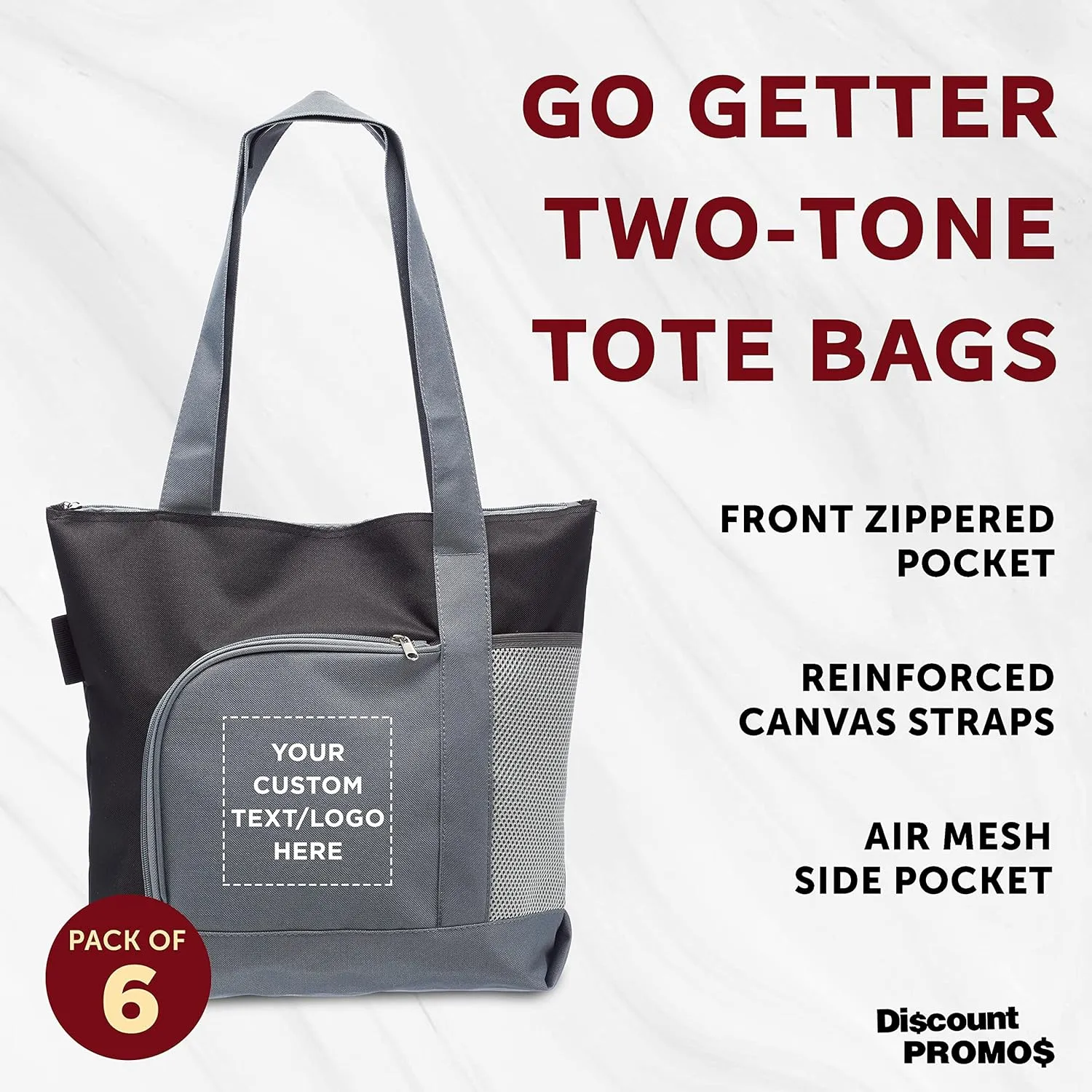 DISCOUNT PROMOS Custom Go Getter Sport Tote Beach Bags Set of 6, Personalized Bulk Pack - Reusable, Great for Shopping, Beach, Picnic, Other Outdoor Adventure - Black