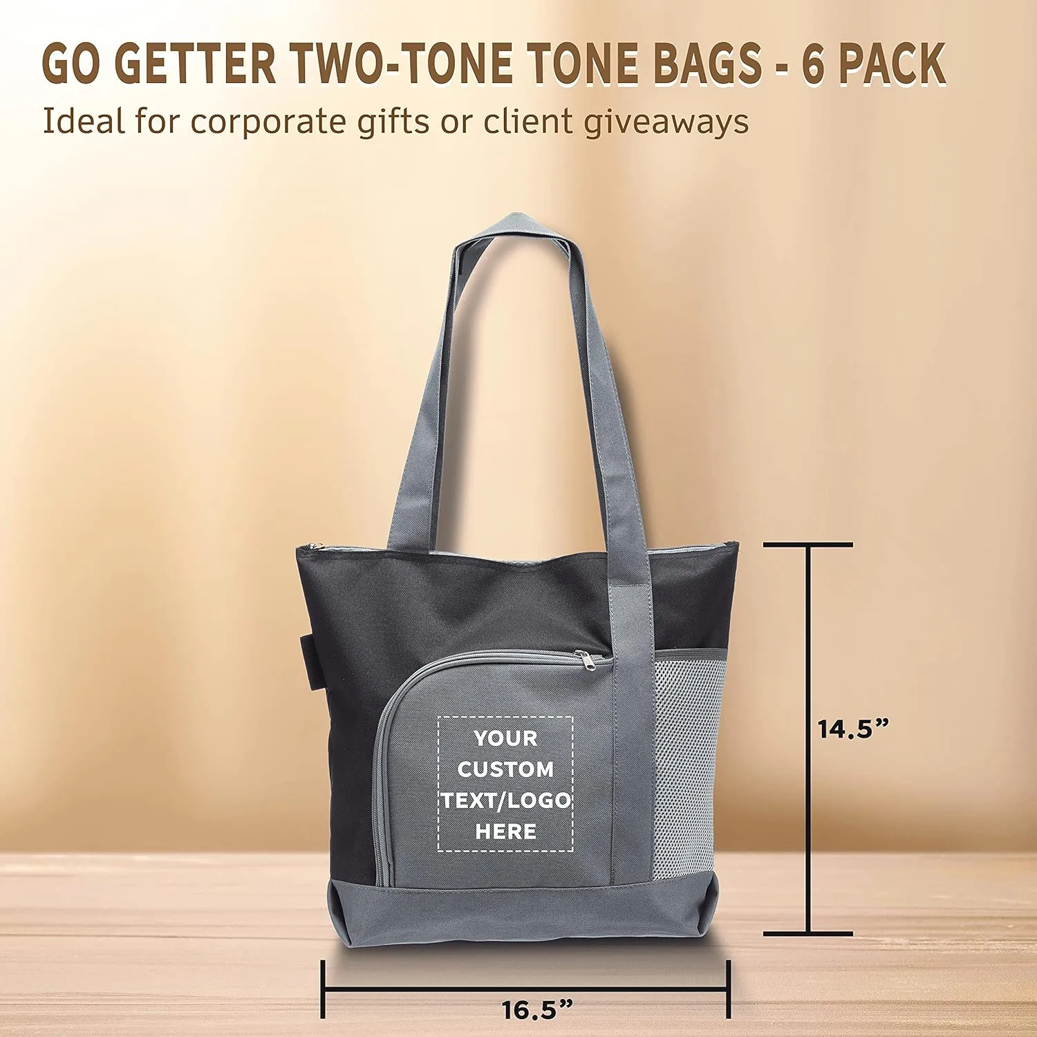 DISCOUNT PROMOS Custom Go Getter Sport Tote Beach Bags Set of 6, Personalized Bulk Pack - Reusable, Great for Shopping, Beach, Picnic, Other Outdoor Adventure - Black