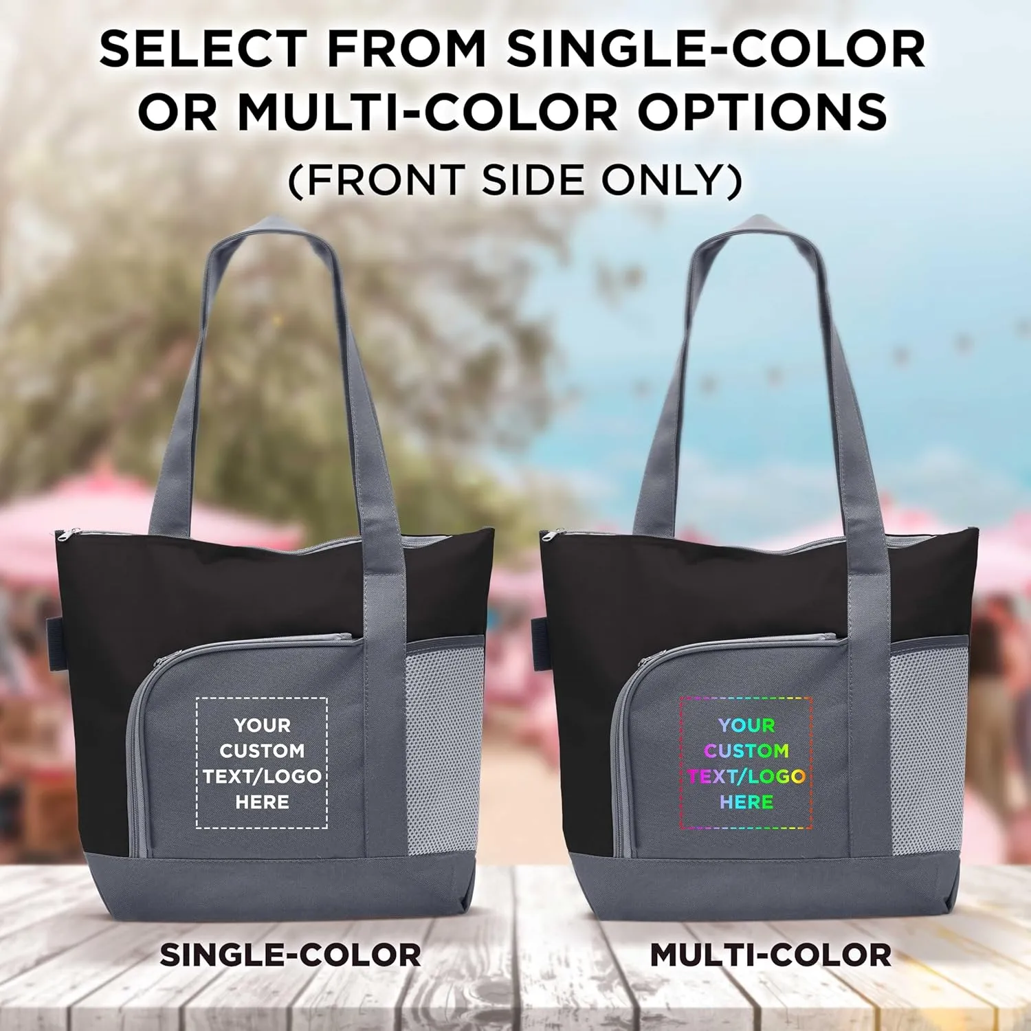 DISCOUNT PROMOS Custom Go Getter Sport Tote Beach Bags Set of 6, Personalized Bulk Pack - Reusable, Great for Shopping, Beach, Picnic, Other Outdoor Adventure - Black