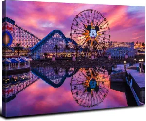 Disney Ferris Wheel Canvas Wall Art Sunset Disneyland Skyline Wall Decor 32x48", Large Mickey Castle Park Landscape Panoramic Pictures Paintings Artwork for Living Room Bedroom Office Home Decoration