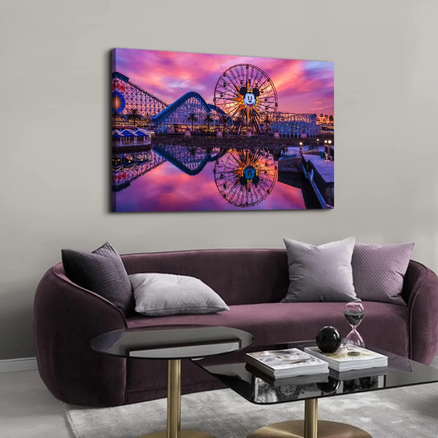 Disney Ferris Wheel Canvas Wall Art Sunset Disneyland Skyline Wall Decor 32x48", Large Mickey Castle Park Landscape Panoramic Pictures Paintings Artwork for Living Room Bedroom Office Home Decoration
