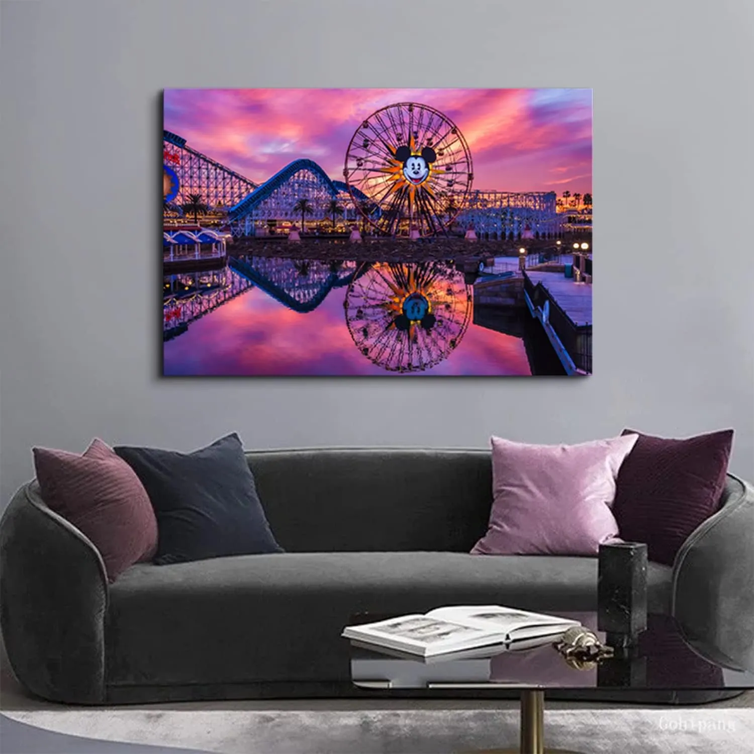 Disney Ferris Wheel Canvas Wall Art Sunset Disneyland Skyline Wall Decor 32x48", Large Mickey Castle Park Landscape Panoramic Pictures Paintings Artwork for Living Room Bedroom Office Home Decoration