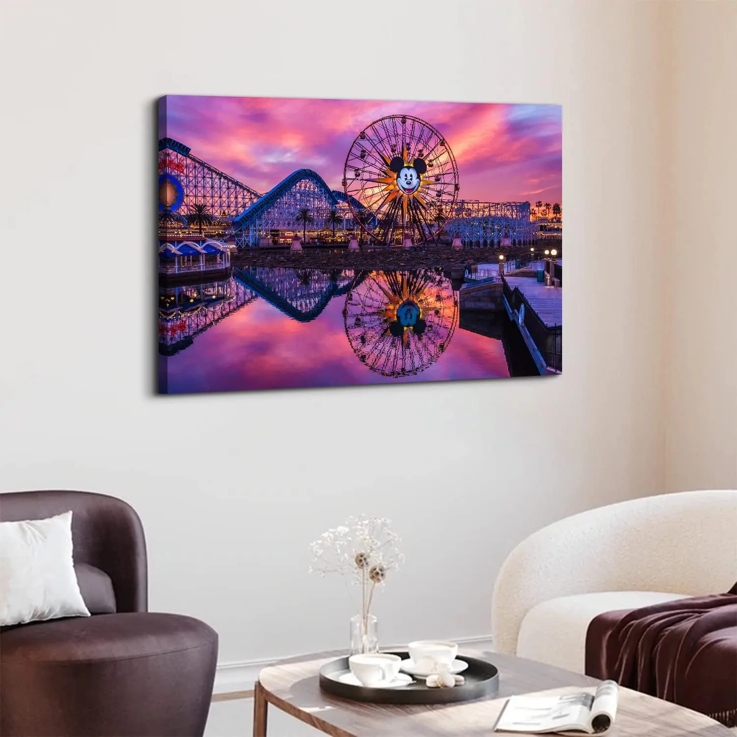 Disney Ferris Wheel Canvas Wall Art Sunset Disneyland Skyline Wall Decor 32x48", Large Mickey Castle Park Landscape Panoramic Pictures Paintings Artwork for Living Room Bedroom Office Home Decoration