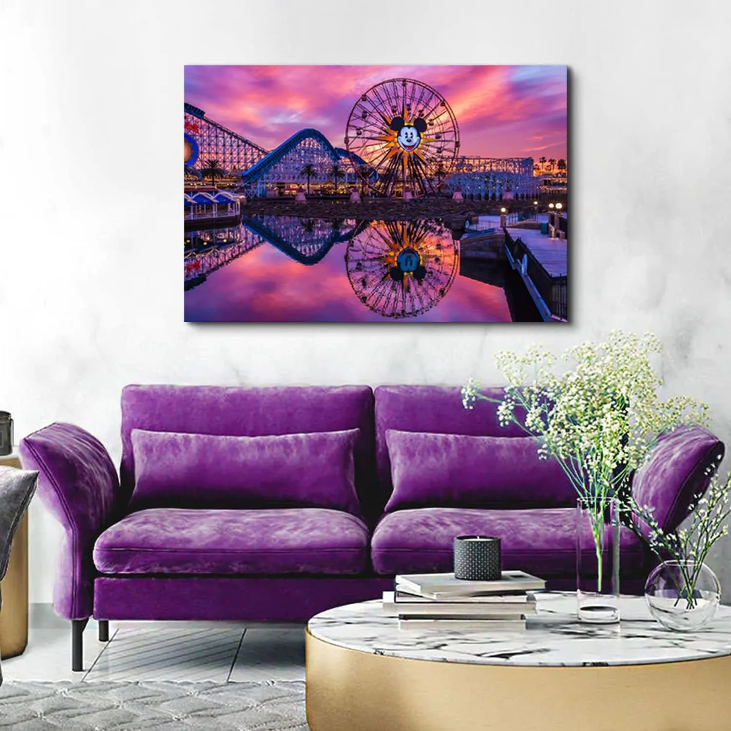 Disney Ferris Wheel Canvas Wall Art Sunset Disneyland Skyline Wall Decor 32x48", Large Mickey Castle Park Landscape Panoramic Pictures Paintings Artwork for Living Room Bedroom Office Home Decoration