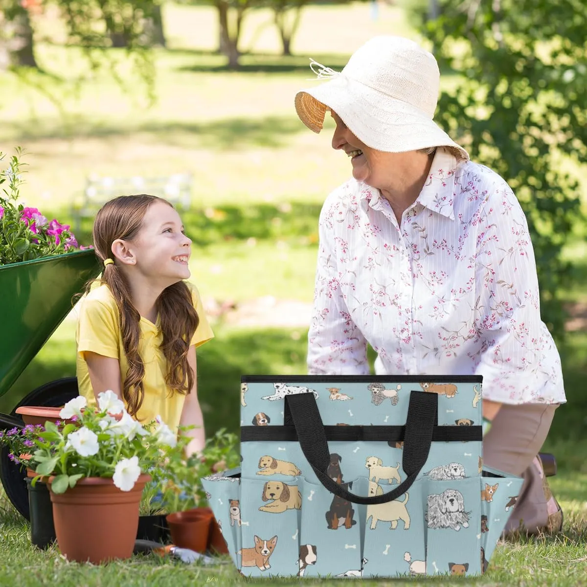 Dogs Prints Garden Tool Bag Waterproof Gardening Tool Storage Bag with Handle & 10 Pockets Gardening Tote Bag for Women Garden Tool Organizer