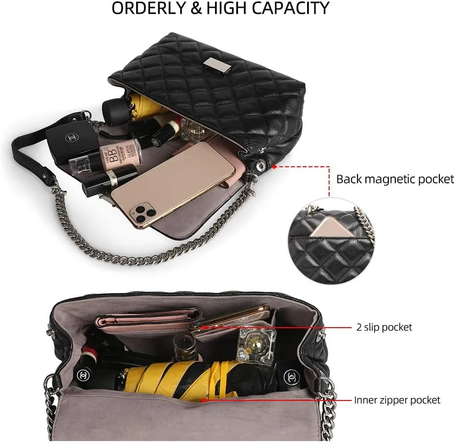 DORIS&JACKY Quilted Purse For Women Genuine Leather Shoulder Designer Handbags with Metal Chain Strap And Flap Lock