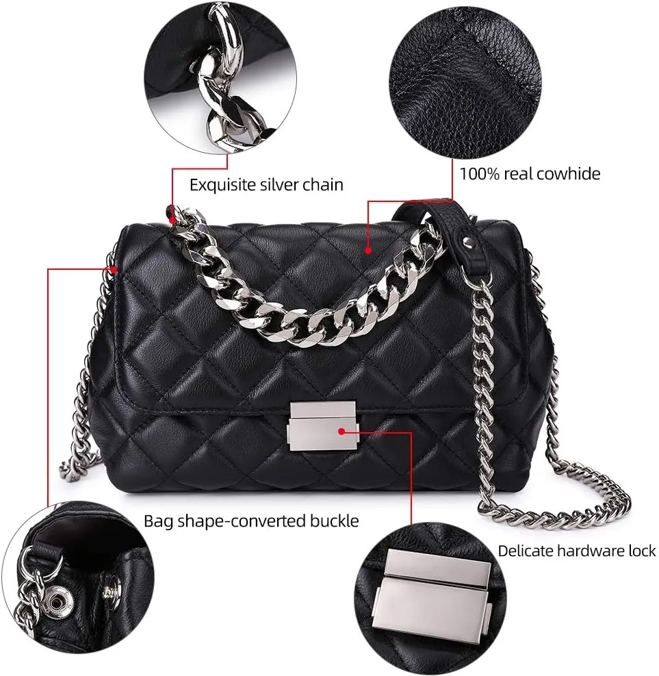 DORIS&JACKY Quilted Purse For Women Genuine Leather Shoulder Designer Handbags with Metal Chain Strap And Flap Lock