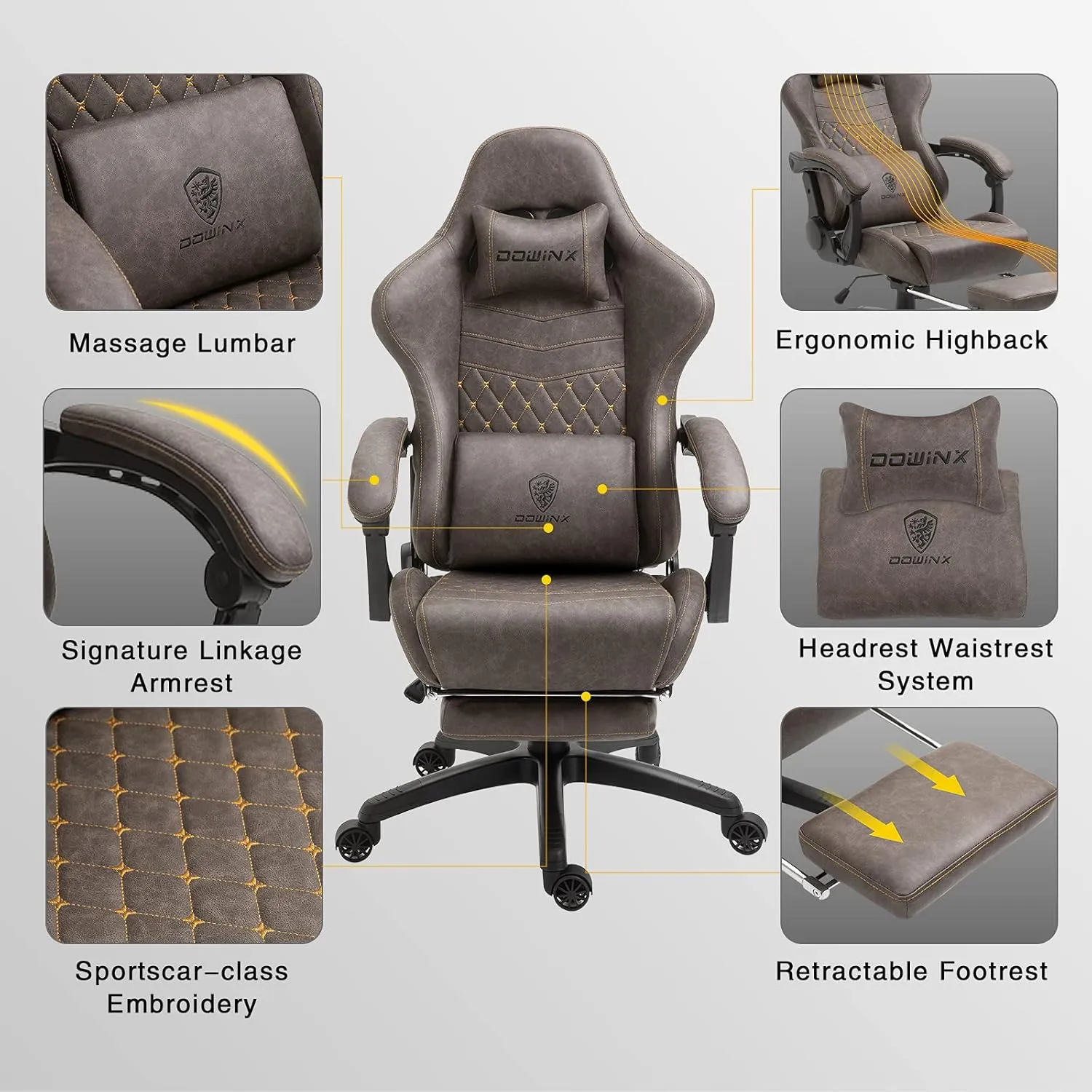 Dowinx Gaming Chair Big and Tall, Ergonomic Game Chair for Adults with Footrest and Massage Lumbar Support, High Back Computer Gamer Chair PU Leather, 350Lbs, for Office, Home, Brown