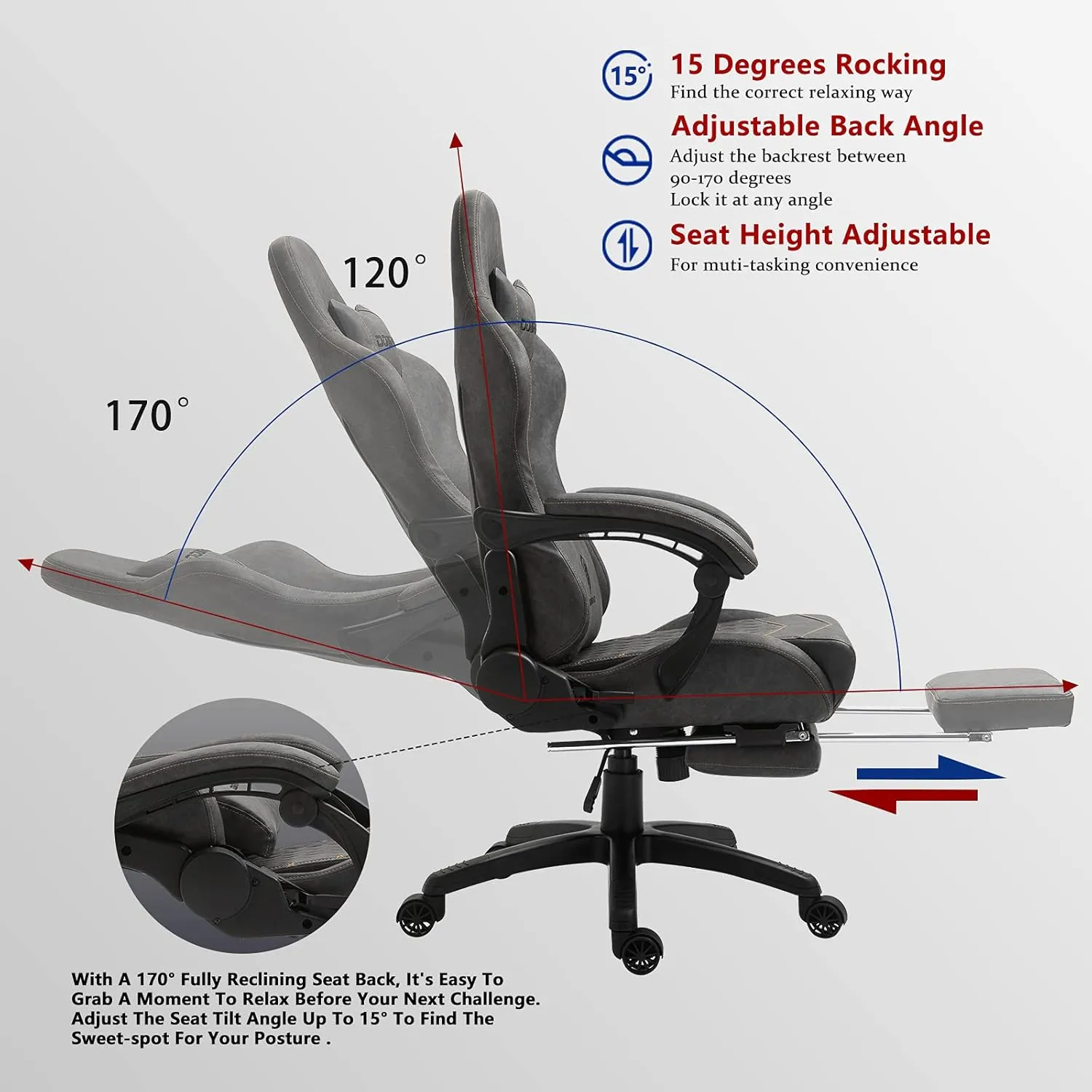 Dowinx Gaming Chair Big and Tall, Ergonomic Game Chair for Adults with Footrest and Massage Lumbar Support, High Back Computer Gamer Chair PU Leather, 350Lbs, for Office, Home, Grey