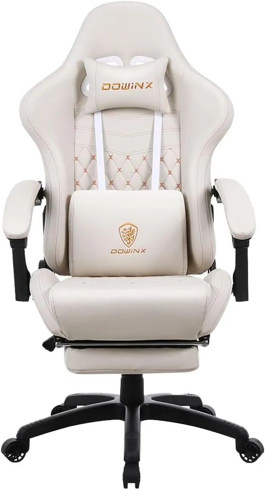 Dowinx Gaming Chair Big and Tall, Ergonomic Game Chair for Adults with Footrest and Massage Lumbar Support, High Back Computer Gamer Chair PU Leather, 350Lbs, for Office, Home, Ivory
