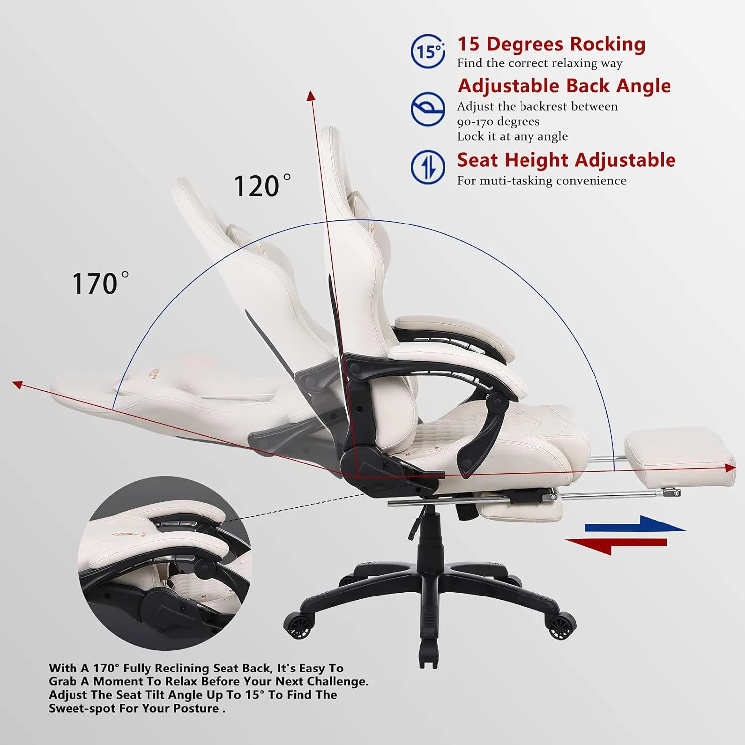 Dowinx Gaming Chair Big and Tall, Ergonomic Game Chair for Adults with Footrest and Massage Lumbar Support, High Back Computer Gamer Chair PU Leather, 350Lbs, for Office, Home, Ivory