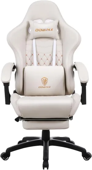 Dowinx Gaming Chair Big and Tall, Ergonomic Game Chair for Adults with Footrest and Massage Lumbar Support, High Back Computer Gamer Chair PU Leather, 350Lbs, for Office, Home, Ivory