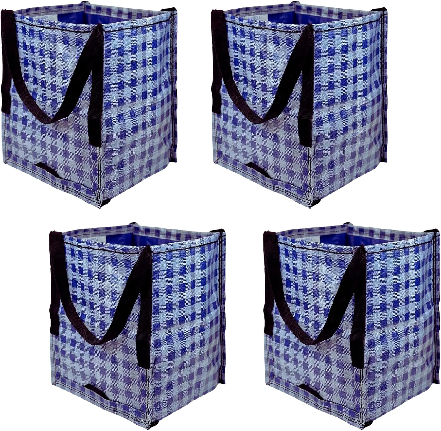 DURASACK Heavy Duty Storage Tote Bag 22-Gallon Rugged Woven Polypropylene Moving Bag, Reusable Self-Standing Design, Holds up to 500 Pounds, Pack of 4, Gingham Blue