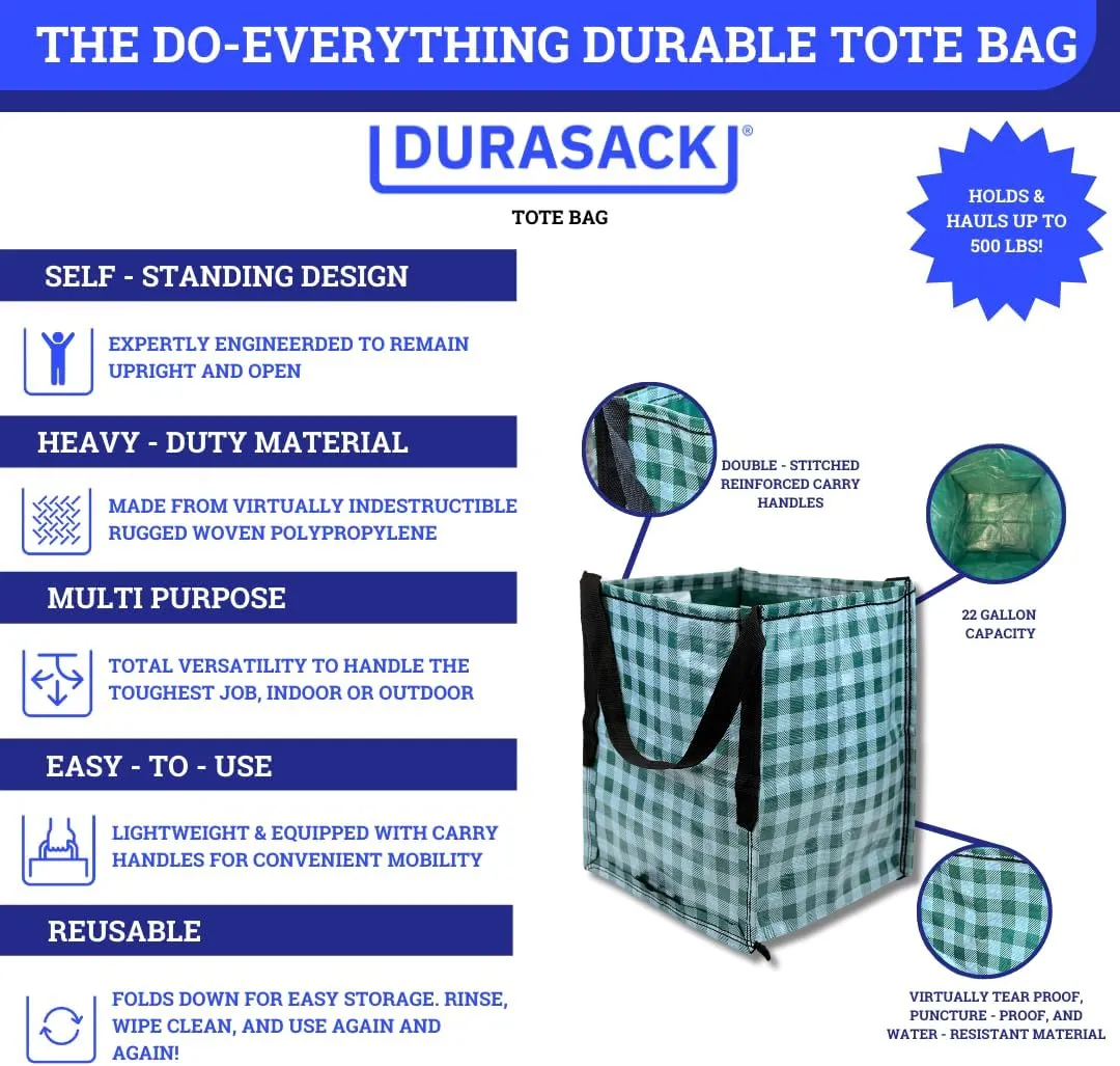 DURASACK Heavy Duty Storage Tote Bag 22-Gallon Rugged Woven Polypropylene Moving Bag, Reusable Self-Standing Design, Holds up to 500 Pounds, Pack of 4, Gingham Green