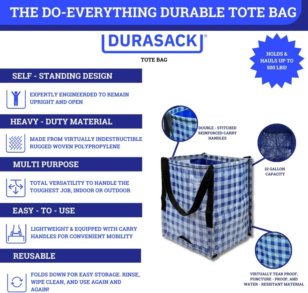 DURASACK Heavy Duty Storage Tote Bag 22-Gallon Rugged Woven Polypropylene Moving Bag, Reusable Self-Standing Design, Holds up to 500 Pounds, Single, Gingham Blue