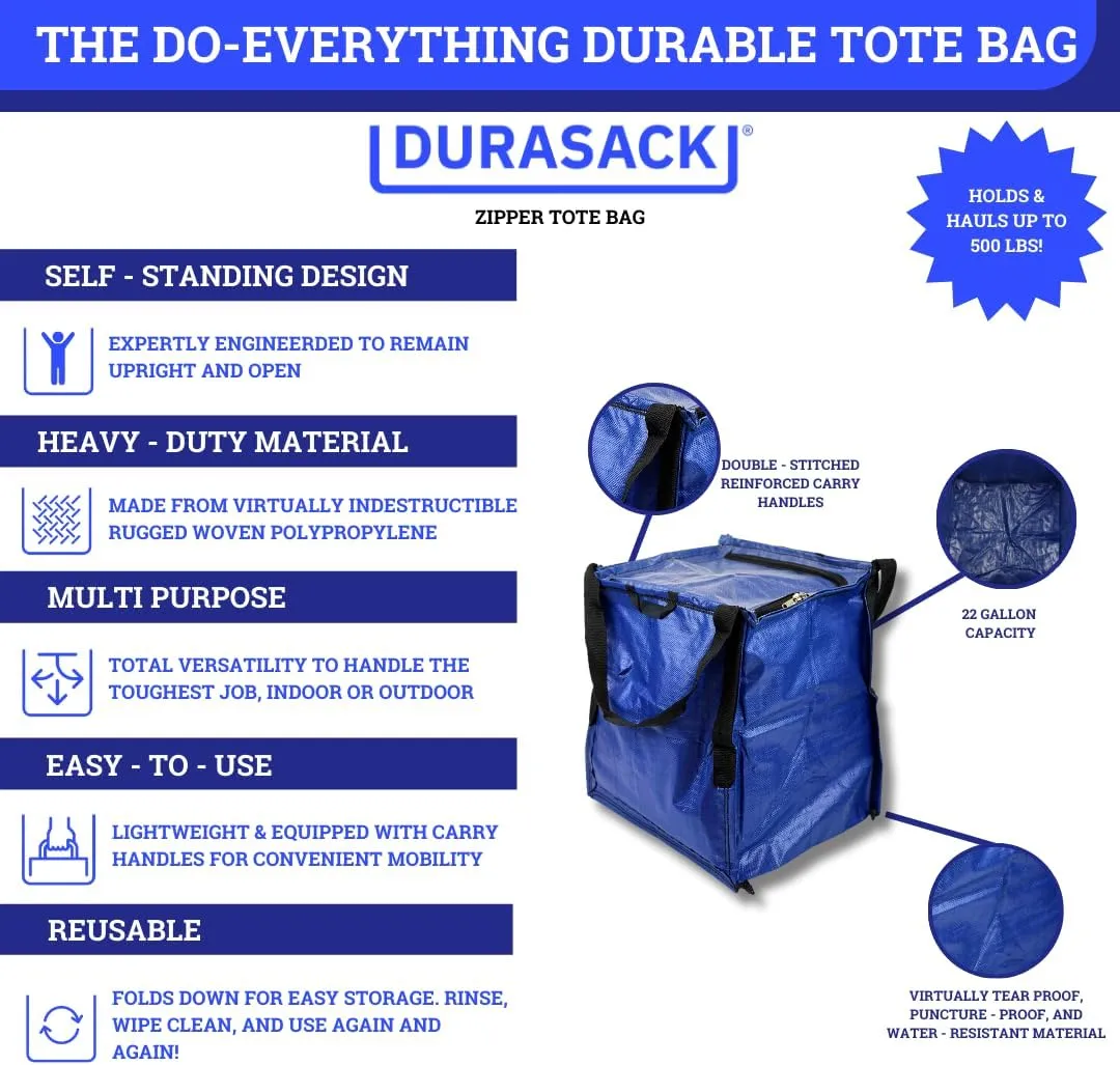 DURASACK Heavy Duty Storage Tote Bag with Zipper Top 22-Gallon Rugged Woven Polypropylene Moving Bag, Reusable Self-Standing Design, Holds up to 500 Pounds, Pack of 4, Blue