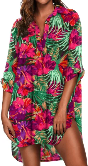 Ekouaer Beach Cover Ups for Women V Neck Bathing Suit Cover Up Bikini Swimsuit Coverup Beach Dress Shirt S-3XL