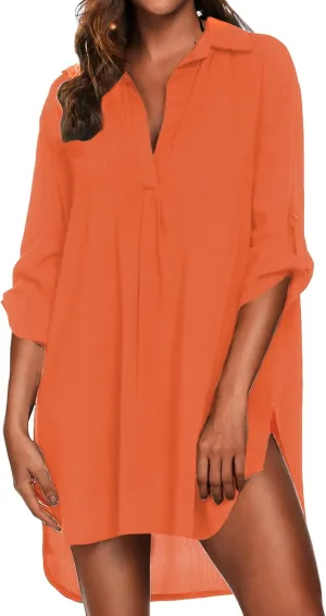 Ekouaer Beach Cover Ups for Women V Neck Bathing Suit Cover Up Bikini Swimsuit Coverup Beach Dress Shirt S-3XL