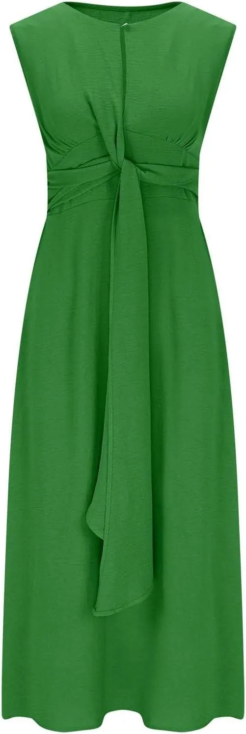 Elegant Dresses for Women Sleeveless High Waist Front Twist Knot Midi Dress Office Ladies Summer Casual Work Sundress