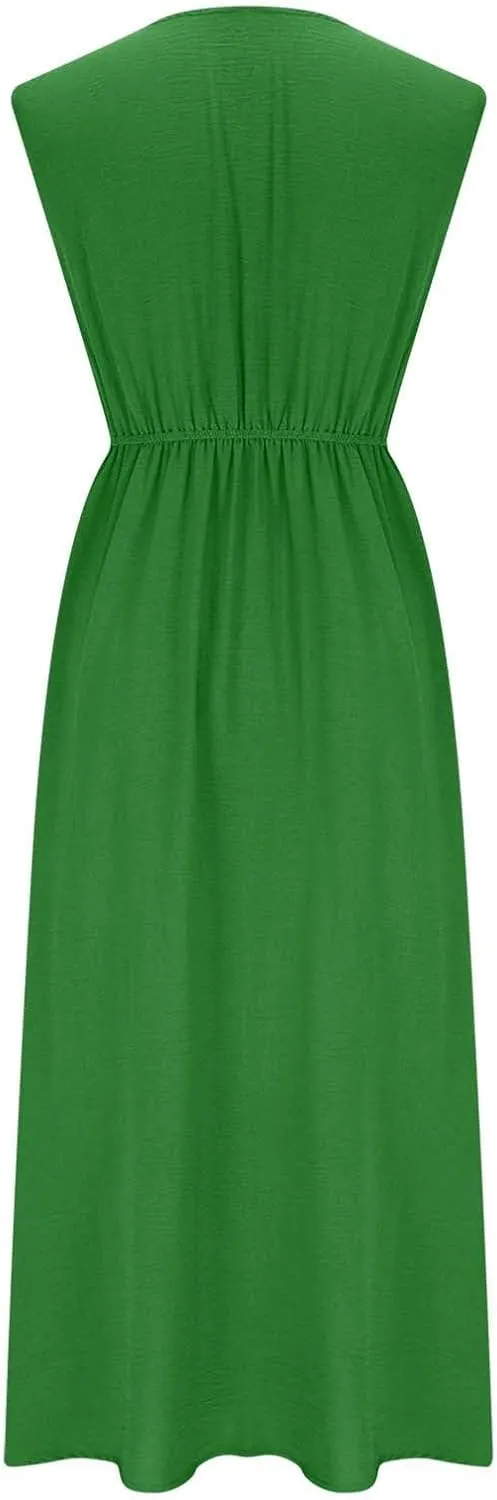 Elegant Dresses for Women Sleeveless High Waist Front Twist Knot Midi Dress Office Ladies Summer Casual Work Sundress