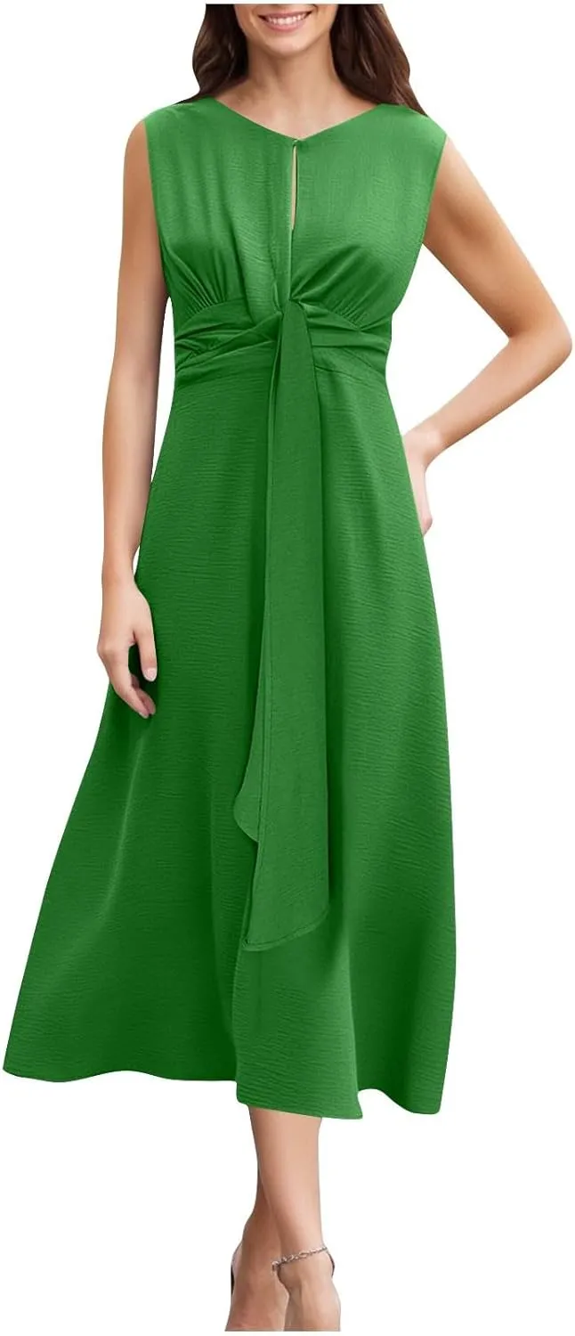 Elegant Dresses for Women Sleeveless High Waist Front Twist Knot Midi Dress Office Ladies Summer Casual Work Sundress