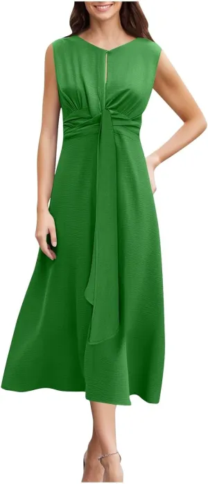 Elegant Dresses for Women Sleeveless High Waist Front Twist Knot Midi Dress Office Ladies Summer Casual Work Sundress