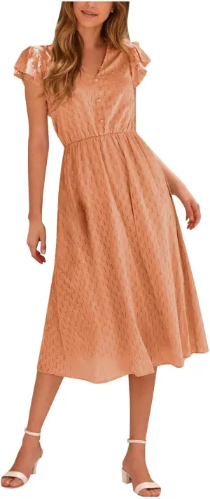 Elegant Dresses for Women Vintage Ruffle Sleeve V Neck Dress Slimming Stretch Waist Maxi Skirts Working Concert