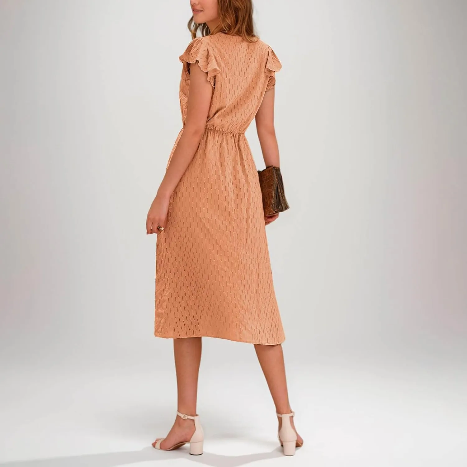 Elegant Dresses for Women Vintage Ruffle Sleeve V Neck Dress Slimming Stretch Waist Maxi Skirts Working Concert