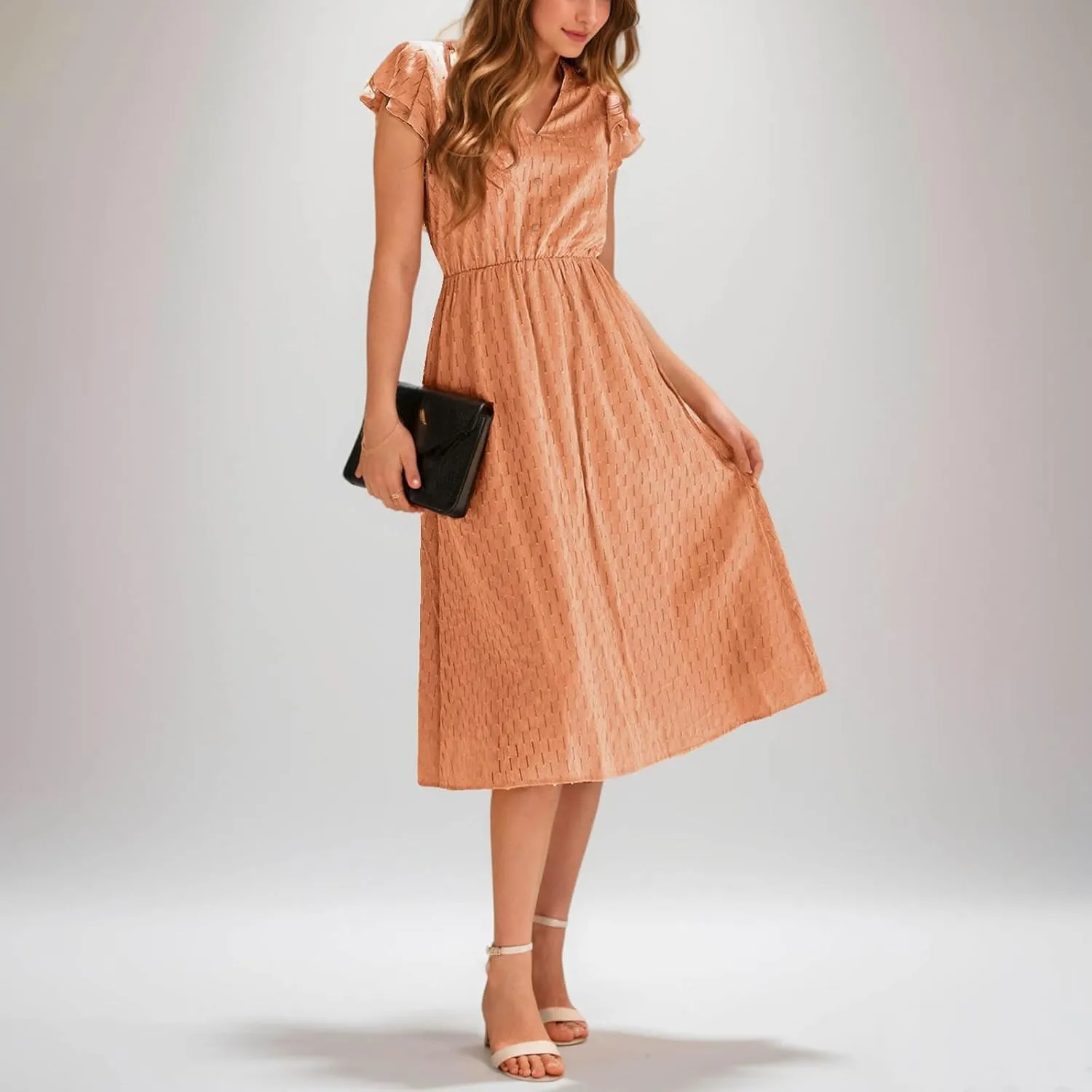 Elegant Dresses for Women Vintage Ruffle Sleeve V Neck Dress Slimming Stretch Waist Maxi Skirts Working Concert