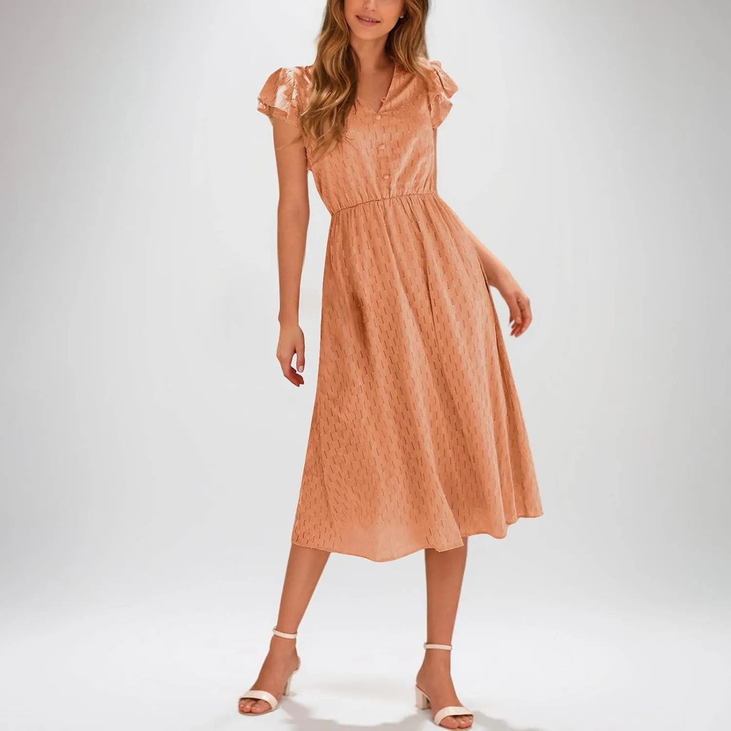 Elegant Dresses for Women Vintage Ruffle Sleeve V Neck Dress Slimming Stretch Waist Maxi Skirts Working Concert