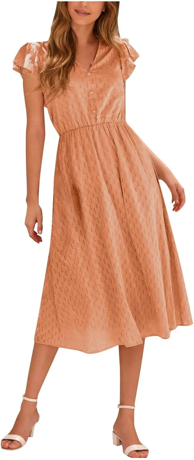 Elegant Dresses for Women Vintage Ruffle Sleeve V Neck Dress Slimming Stretch Waist Maxi Skirts Working Concert