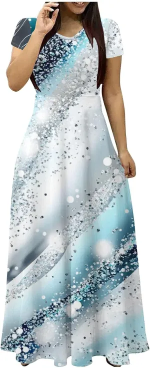 Elegant Printed Dress for Women Short Sleeve Round Neck Maxi Skirts Pockets A-line Long Dresses Prom Daily Wear