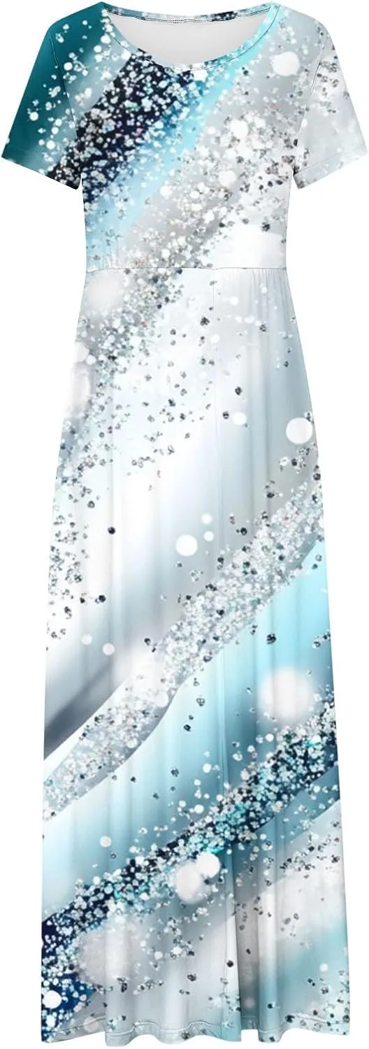 Elegant Printed Dress for Women Short Sleeve Round Neck Maxi Skirts Pockets A-line Long Dresses Prom Daily Wear
