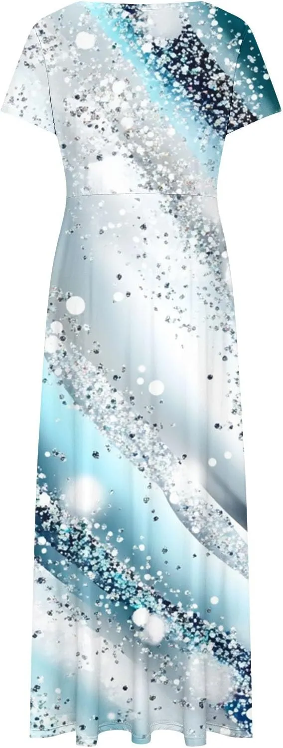 Elegant Printed Dress for Women Short Sleeve Round Neck Maxi Skirts Pockets A-line Long Dresses Prom Daily Wear