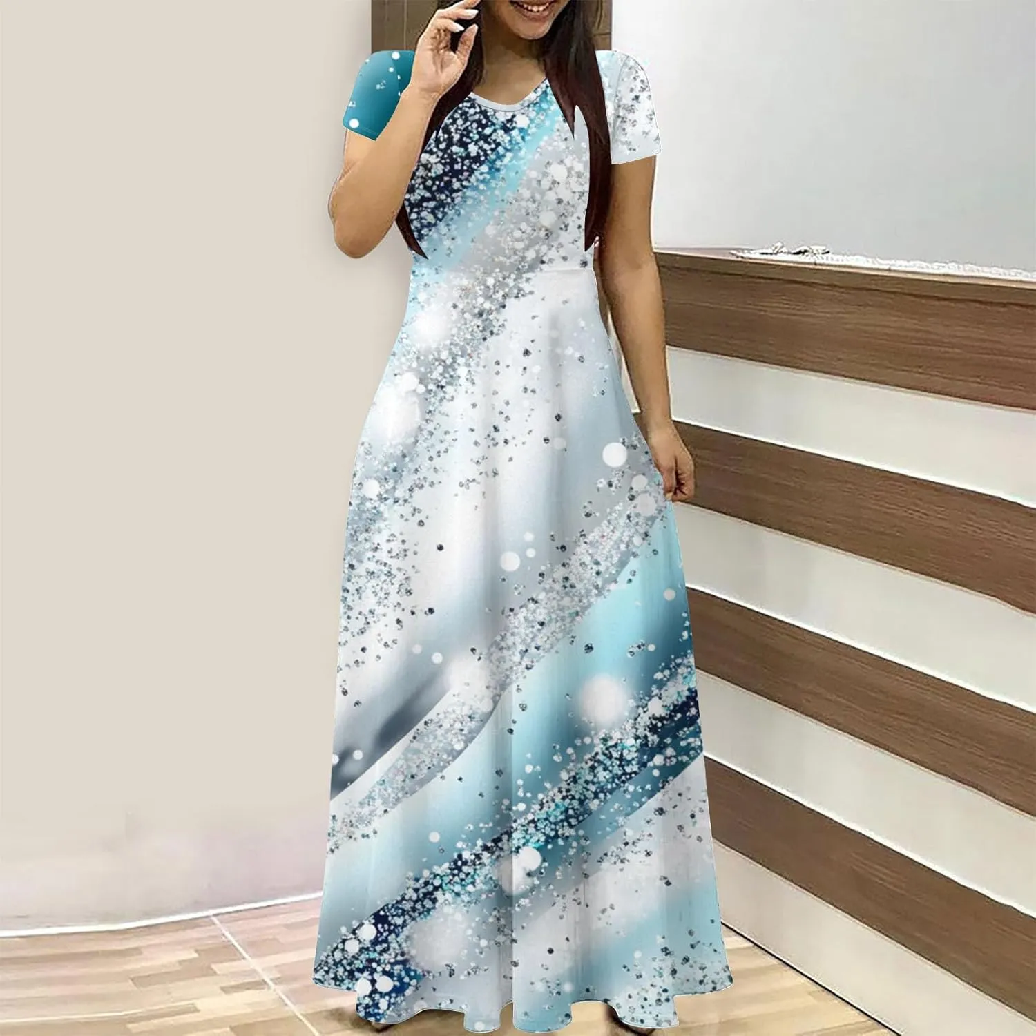 Elegant Printed Dress for Women Short Sleeve Round Neck Maxi Skirts Pockets A-line Long Dresses Prom Daily Wear