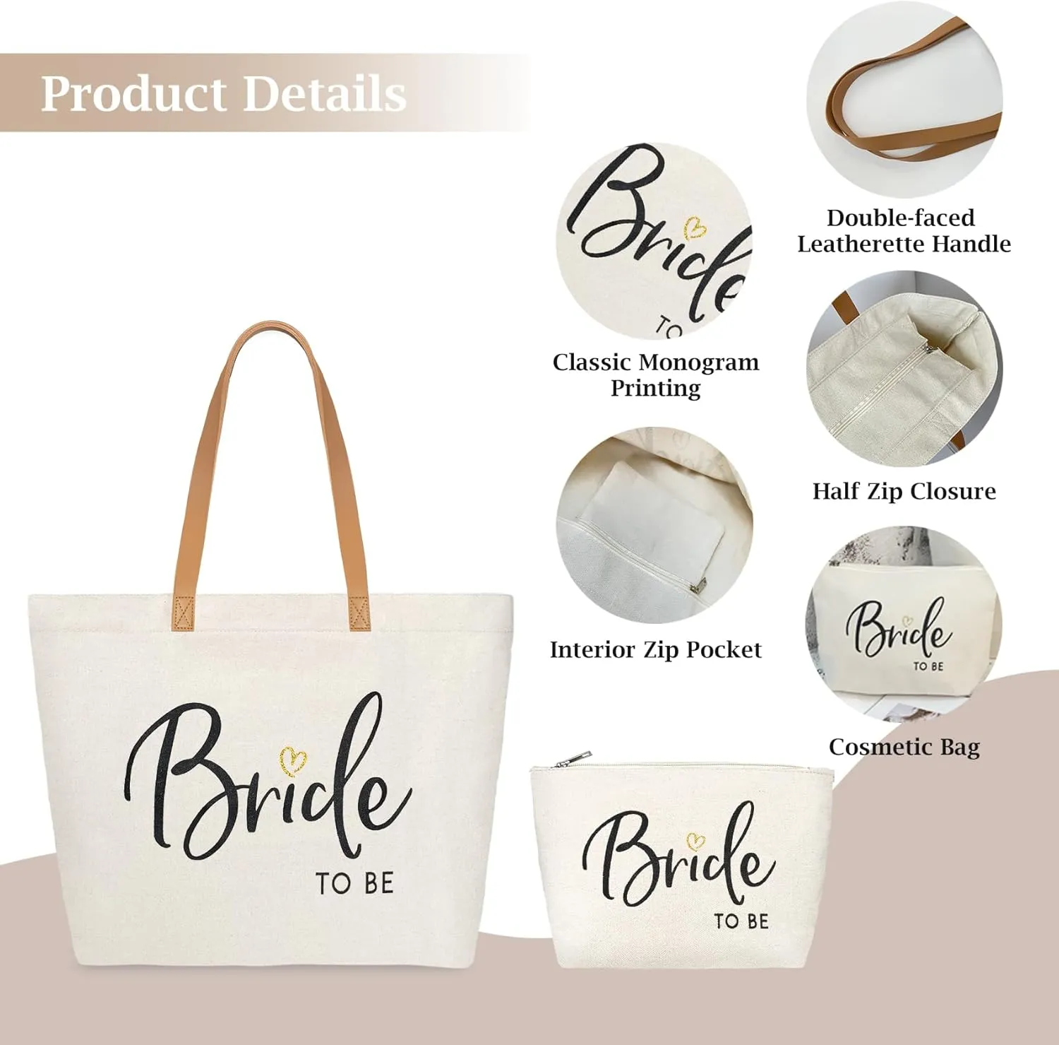 ELEGANTPARK Bride Gifts Wedding Gifts for Bride to Be Bag Bridal Shower Bachelorette Party Honeymoon Large Shoulder Bags Canvas Totes with Zipper Set of 2