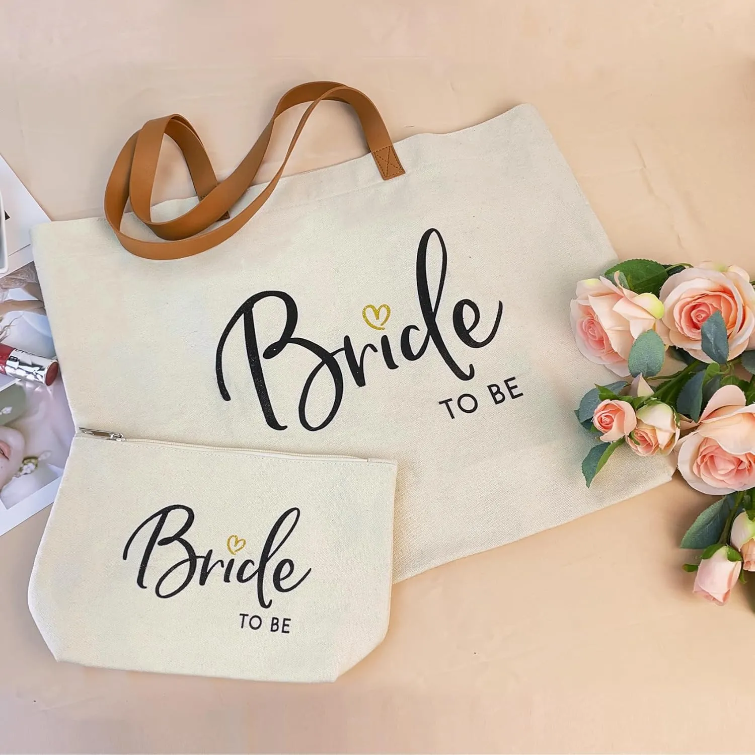 ELEGANTPARK Bride Gifts Wedding Gifts for Bride to Be Bag Bridal Shower Bachelorette Party Honeymoon Large Shoulder Bags Canvas Totes with Zipper Set of 2