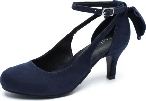 Enelauge Women's Mary Jane Bow Closed Toe Vintage Pumps Low Kitten Heel Retro Ankle Strap Buckle Comfortable Vintage Wedding Evening Party Dress Office Work Church Shoes