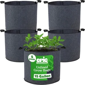 Epic Gardening 5 Pack 15 Gallon Grow Bags with Handles (Unlined) - Heavy Duty Fabric Pots for Vegetables, Herbs & Flowers - Breathable Cloth Planters for Indoor & Outdoor Gardening, Moisture Retaining