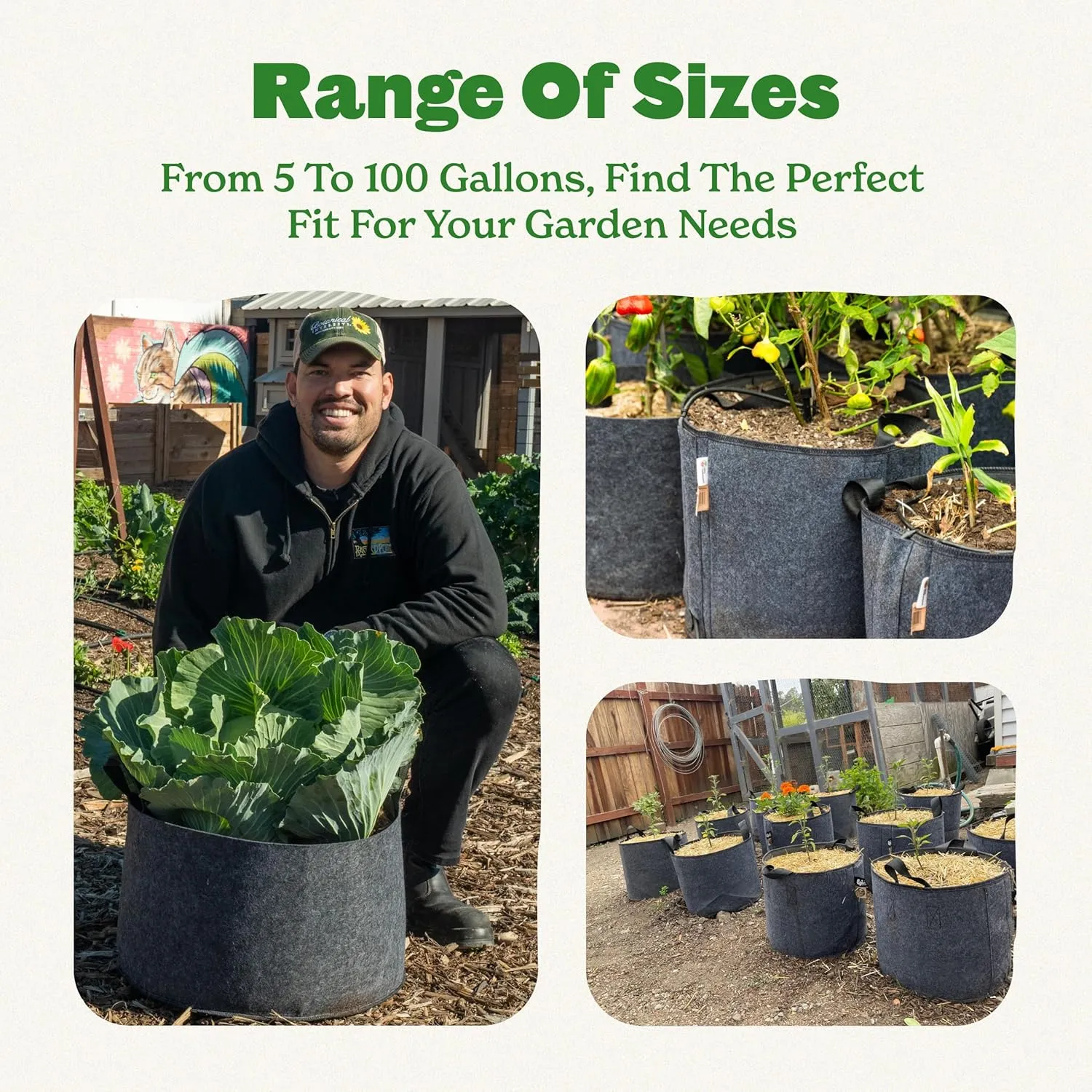 Epic Gardening 5 Pack 15 Gallon Grow Bags with Handles (Unlined) - Heavy Duty Fabric Pots for Vegetables, Herbs & Flowers - Breathable Cloth Planters for Indoor & Outdoor Gardening, Moisture Retaining