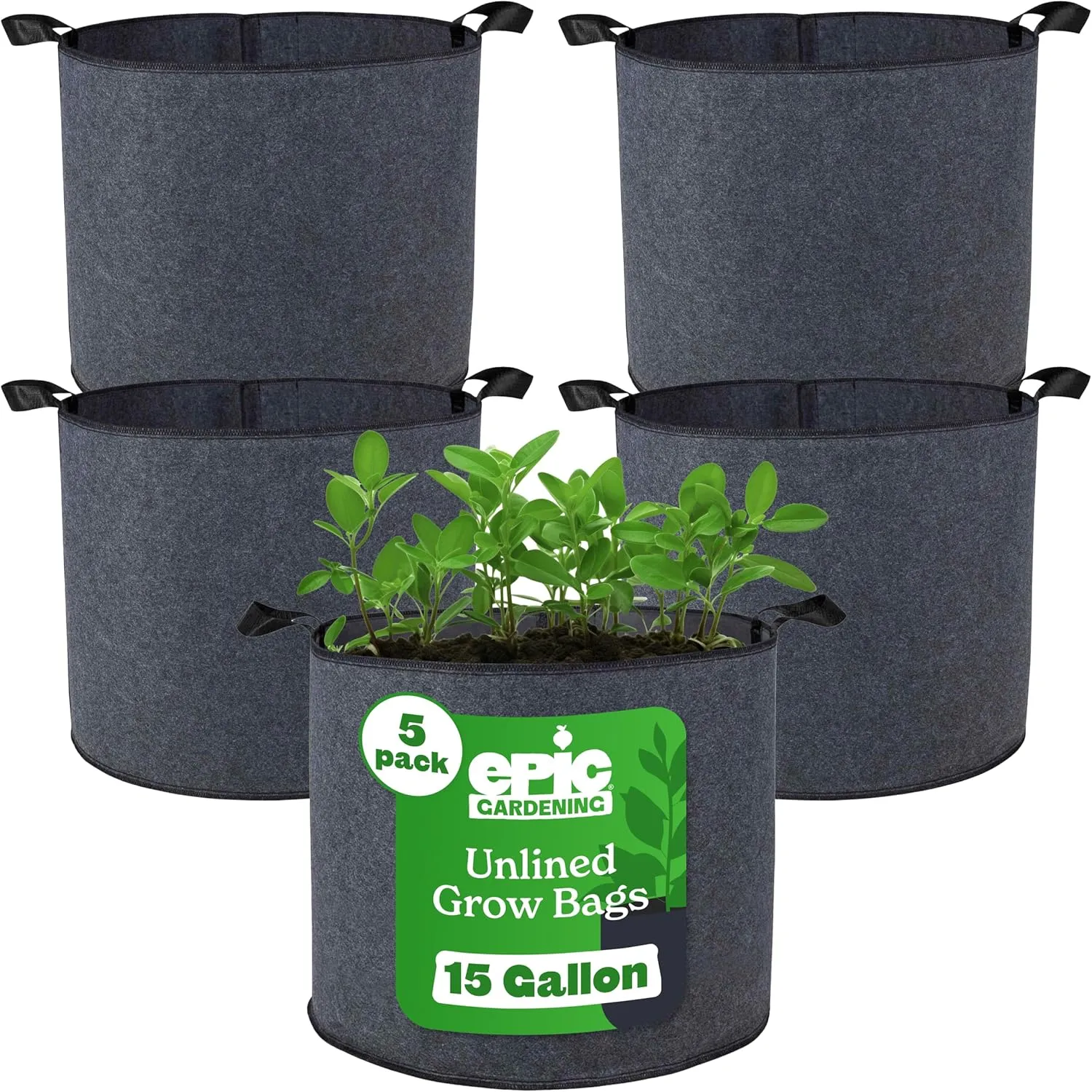 Epic Gardening 5 Pack 15 Gallon Grow Bags with Handles (Unlined) - Heavy Duty Fabric Pots for Vegetables, Herbs & Flowers - Breathable Cloth Planters for Indoor & Outdoor Gardening, Moisture Retaining