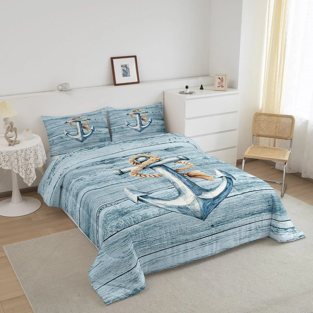 Erosebridal Anchor Comforter Set Toddler Size Nautical Shabby Boards Bedding Set for Kids Boys Girls Adventure Coastal Retro Ocean Sea Hemp Rope Pale Blue Comforter