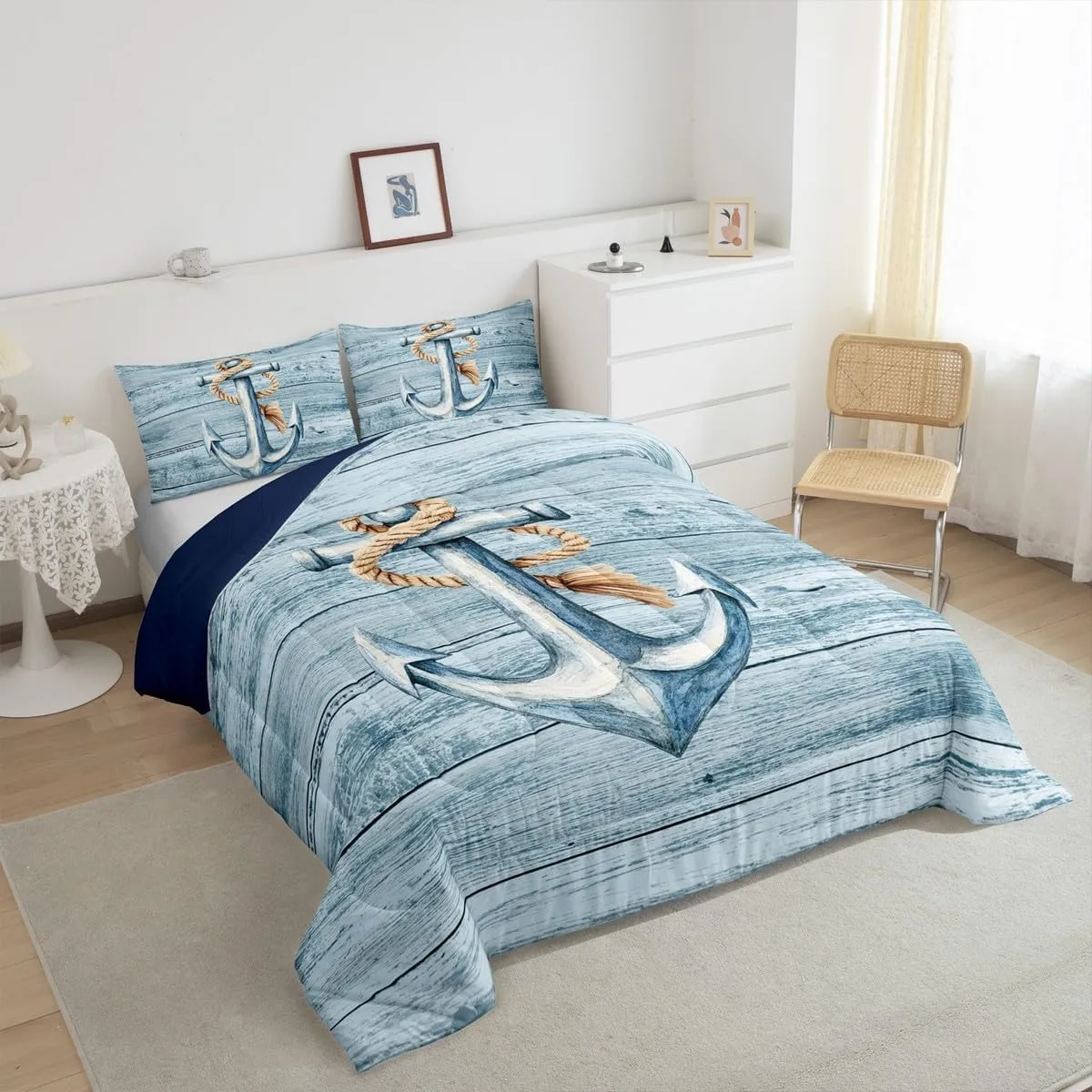 Erosebridal Anchor Comforter Set Toddler Size Nautical Shabby Boards Bedding Set for Kids Boys Girls Adventure Coastal Retro Ocean Sea Hemp Rope Pale Blue Comforter