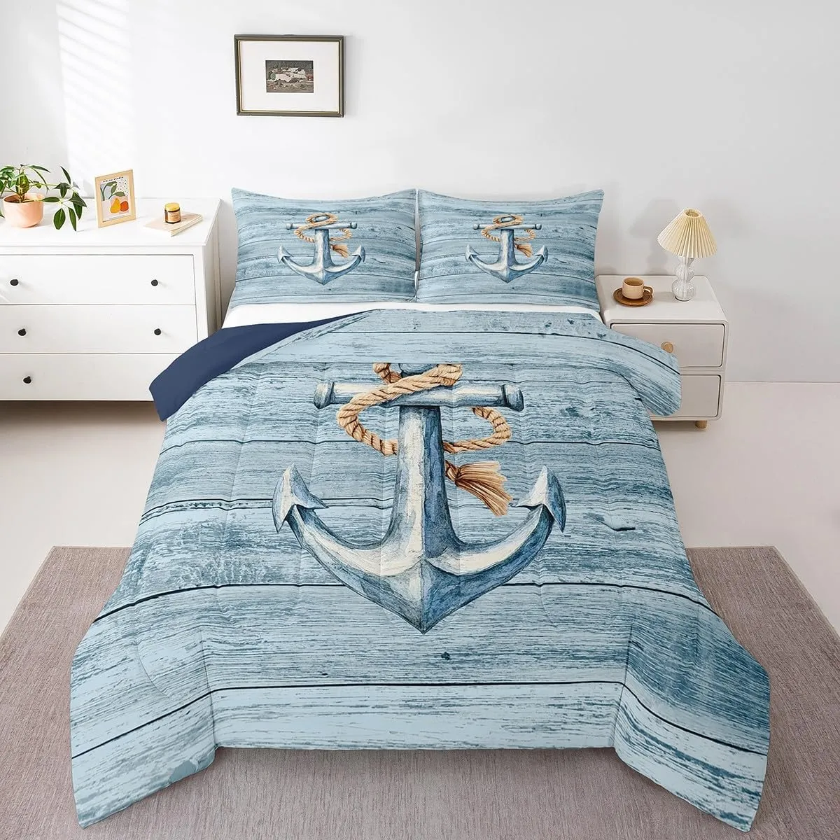 Erosebridal Anchor Comforter Set Toddler Size Nautical Shabby Boards Bedding Set for Kids Boys Girls Adventure Coastal Retro Ocean Sea Hemp Rope Pale Blue Comforter
