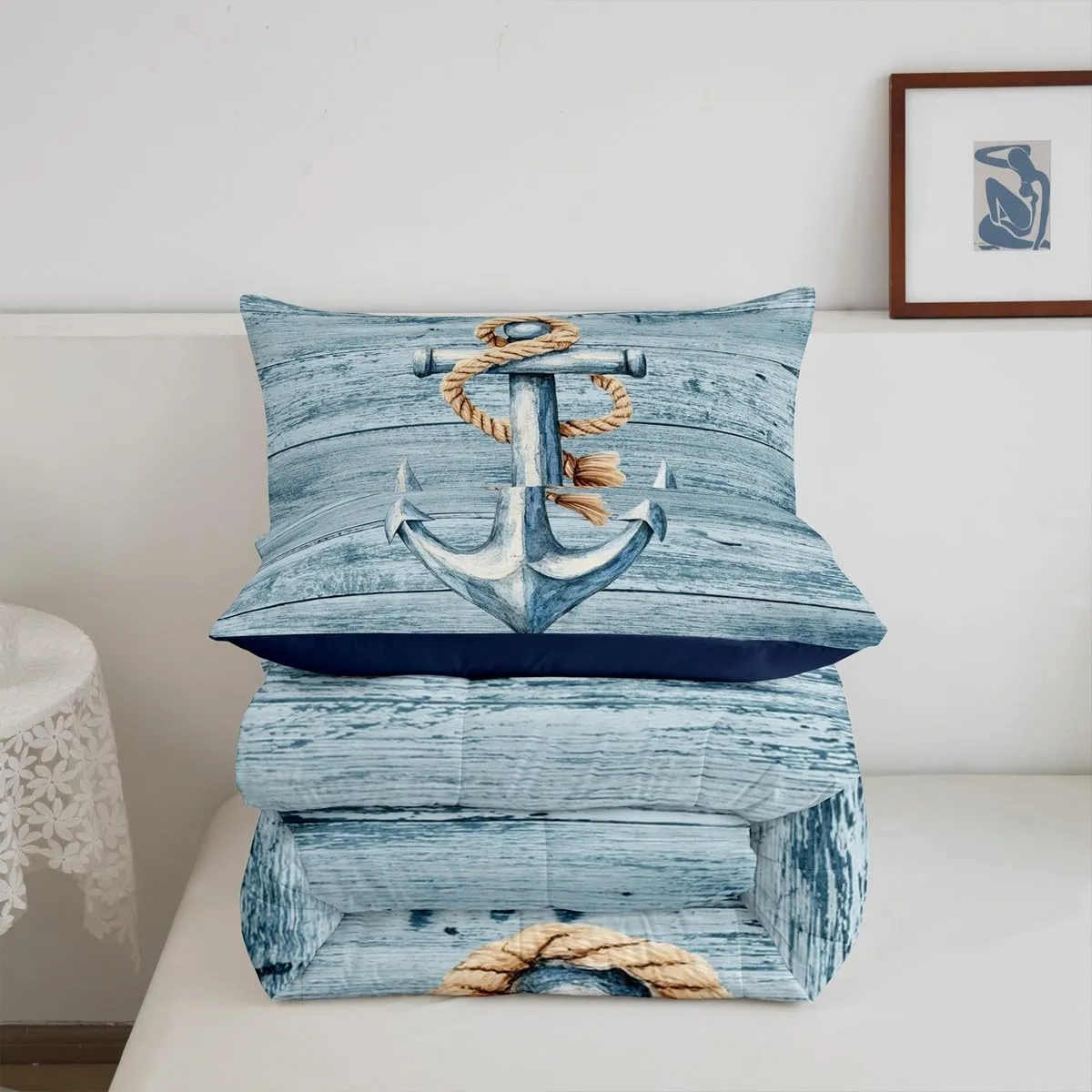 Erosebridal Anchor Comforter Set Toddler Size Nautical Shabby Boards Bedding Set for Kids Boys Girls Adventure Coastal Retro Ocean Sea Hemp Rope Pale Blue Comforter