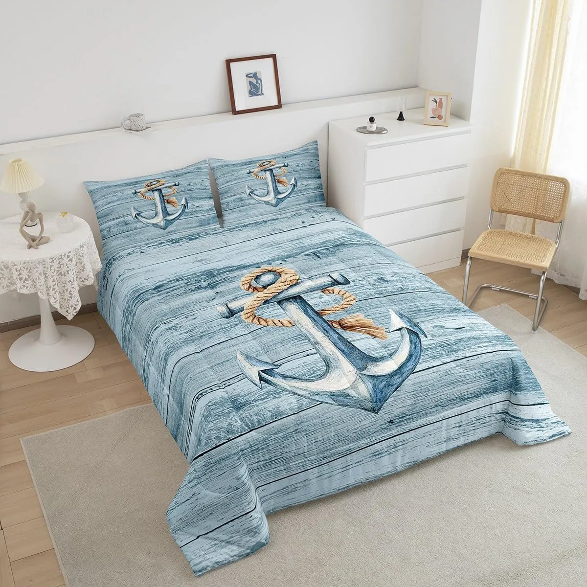 Erosebridal Anchor Comforter Set Toddler Size Nautical Shabby Boards Bedding Set for Kids Boys Girls Adventure Coastal Retro Ocean Sea Hemp Rope Pale Blue Comforter