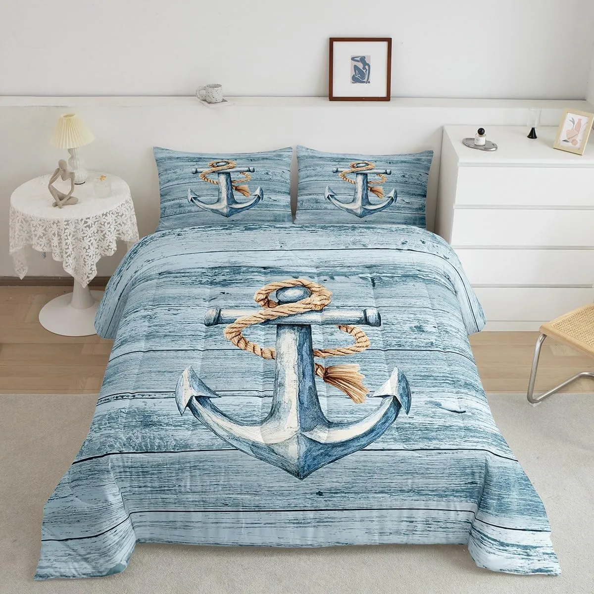 Erosebridal Anchor Comforter Set Toddler Size Nautical Shabby Boards Bedding Set for Kids Boys Girls Adventure Coastal Retro Ocean Sea Hemp Rope Pale Blue Comforter
